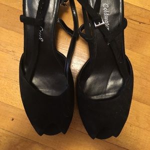 Black velvet wedged formal heels